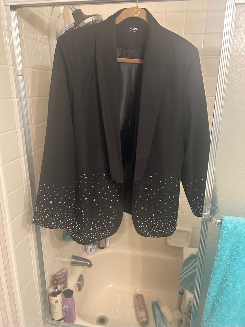 Chico's Black Open-Front Blazer with Rhinestone Hem